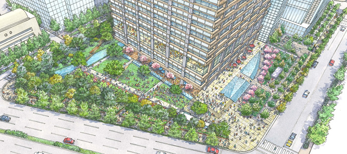 A large green area will be created on the Imperial Palace side of the site.
